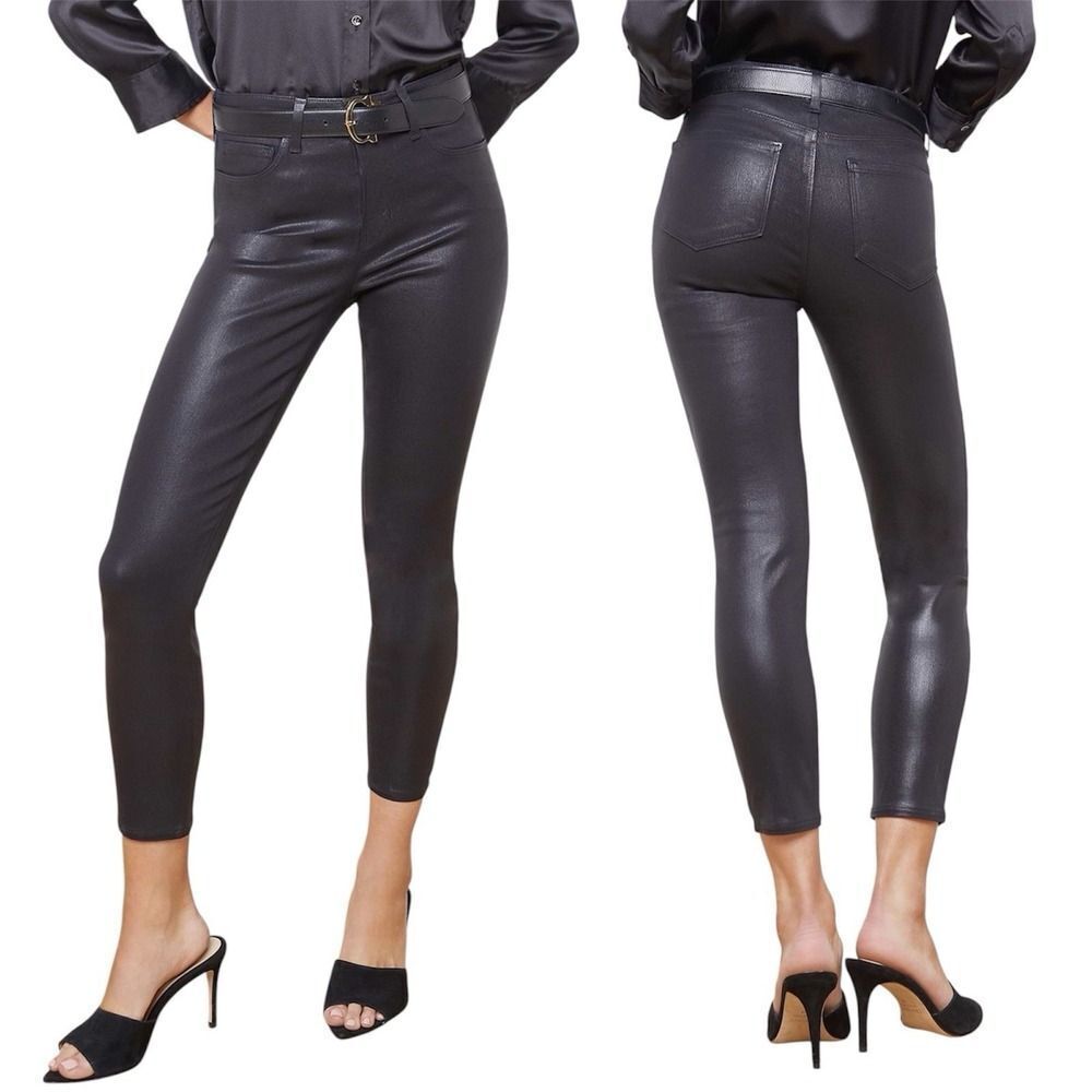 L'AGENCE black Margot Skinny High Rise Metro coated Jeans with raw hem. Sz 28